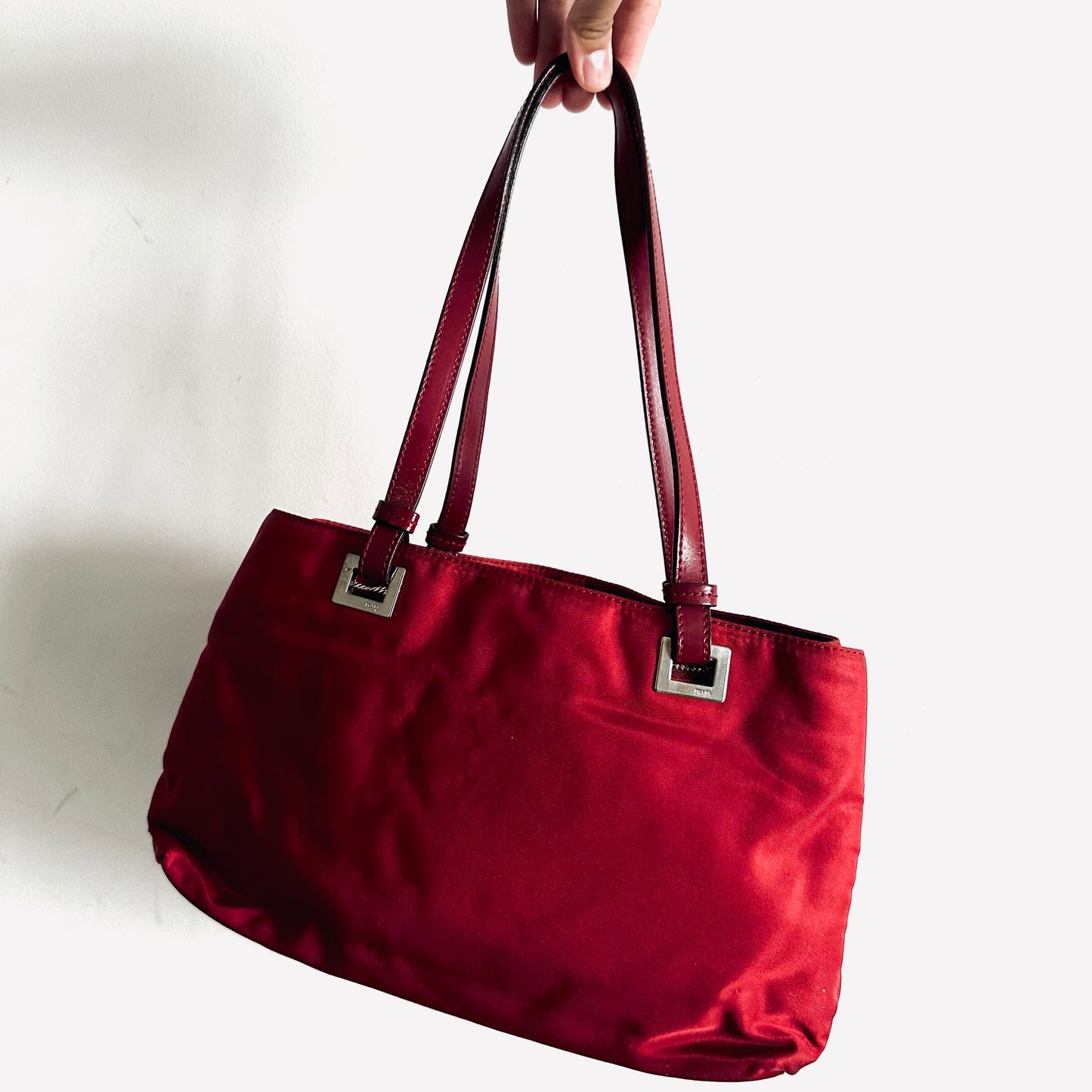 Prada Acciaio Cerise Red Tessuto Logo Classic Nylon & Leather Shoulder Shopper Tote Bag