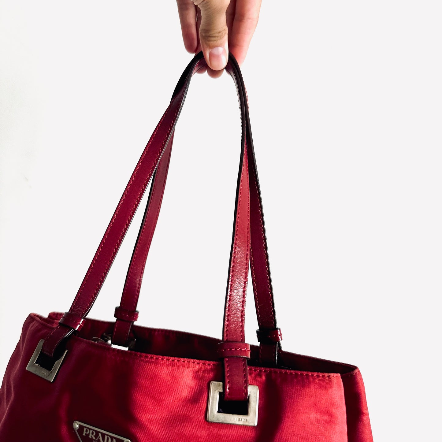 Prada Acciaio Cerise Red Tessuto Logo Classic Nylon & Leather Shoulder Shopper Tote Bag