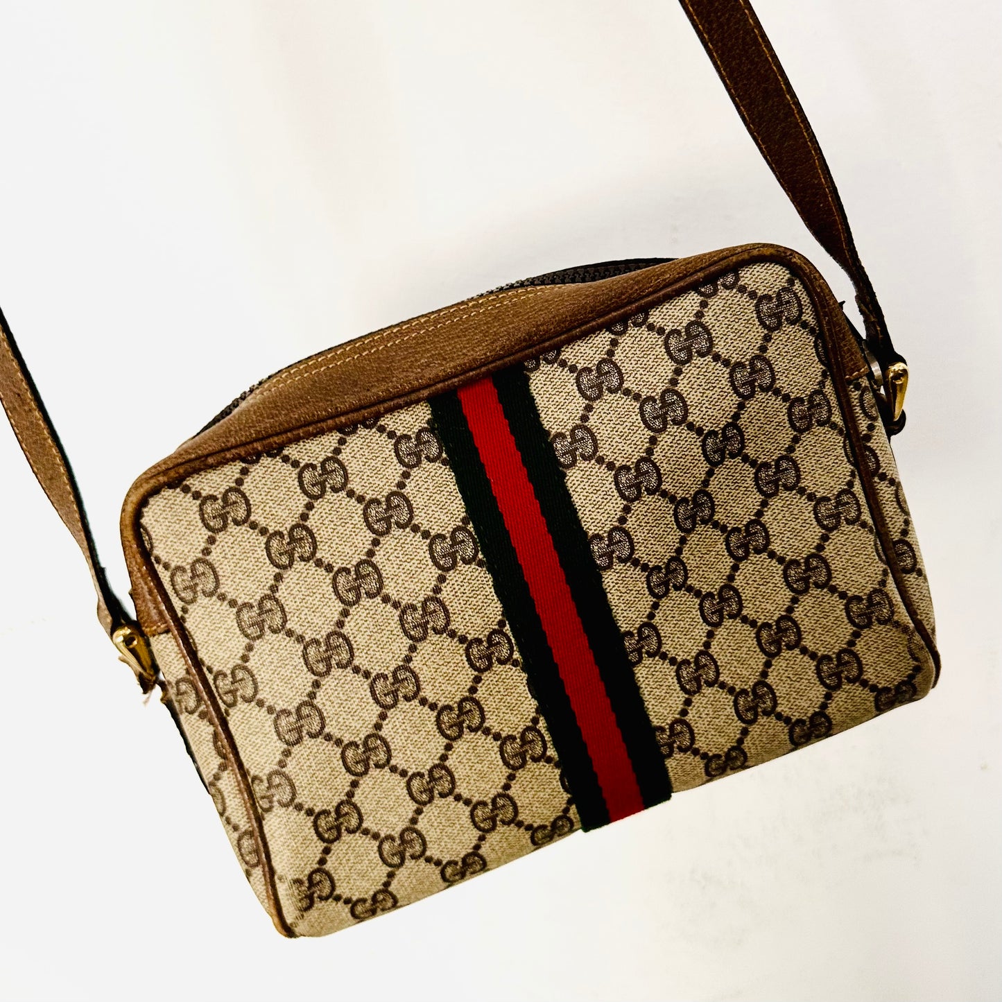 Gucci Beige GHW Ophidia GG Monogram Logo Web Striped Camera Shoulder Sling Bag