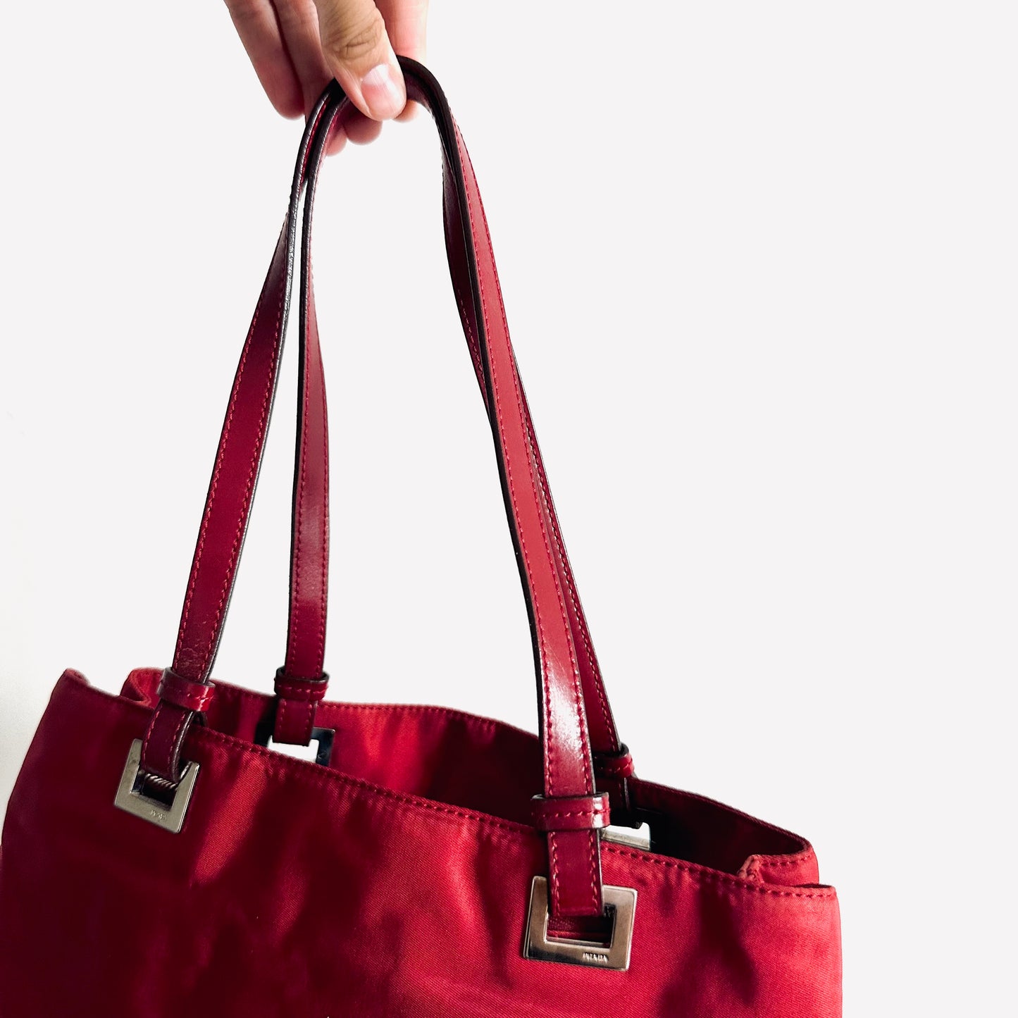 Prada Acciaio Cerise Red Tessuto Logo Classic Nylon & Leather Shoulder Shopper Tote Bag