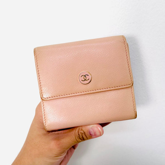 Chanel Blush Pink GHW CC Logo Grained Calfskin Vintage Compact Trifold Flap Wallet 8s