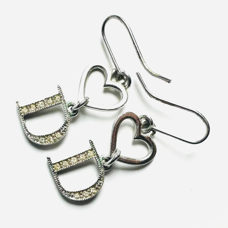 Christian Dior CD Giant Monogram Logo Silver Heart & Crystals Vintage Stud Dangling Earrings