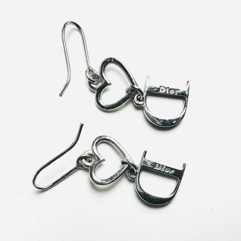 Christian Dior CD Giant Monogram Logo Silver Heart & Crystals Vintage Stud Dangling Earrings