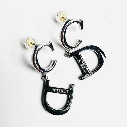 Christian Dior CD Monogram Logo Signature Giant Dangling Silver Stud Earrings