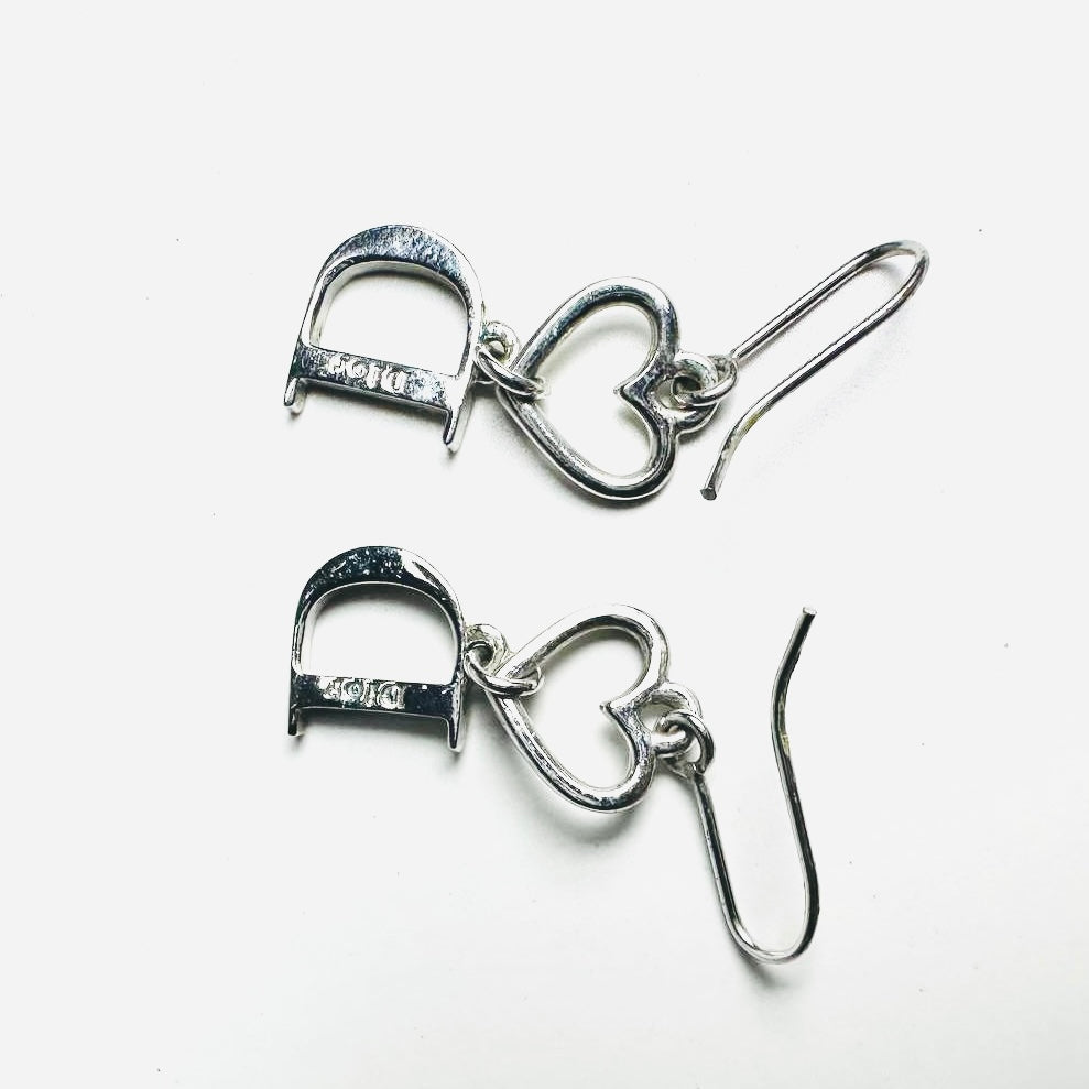Christian Dior CD Giant Monogram Logo Silver Heart & Crystals Vintage Stud Dangling Earrings