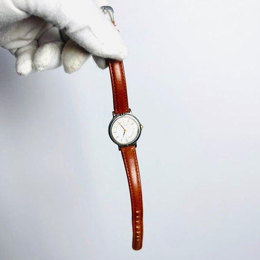 YSL Yves Saint Laurent Round Dial Gold & Stainless Steel Brown Leather Strap Monogram Logo 22MM Quartz Watch