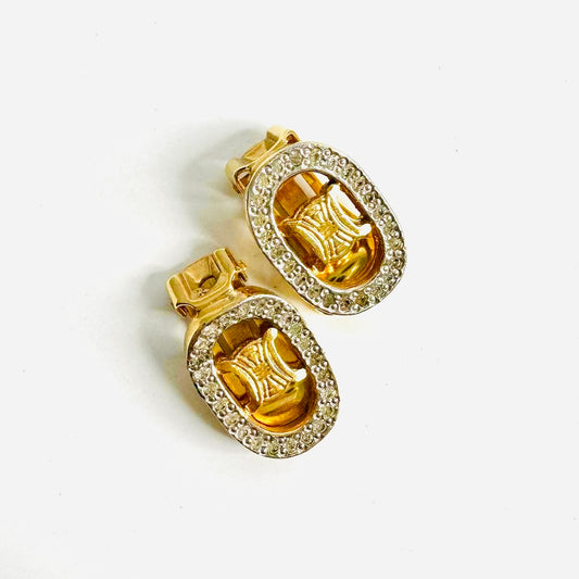 Celine Triomphe Gold Giant Monogram Logo Rhinestone Crystals Vintage Classic Clip On Earrings