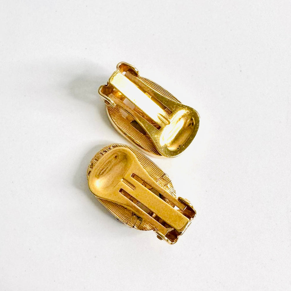 Celine Triomphe Gold Giant Monogram Logo Rhinestone Crystals Vintage Classic Clip On Earrings