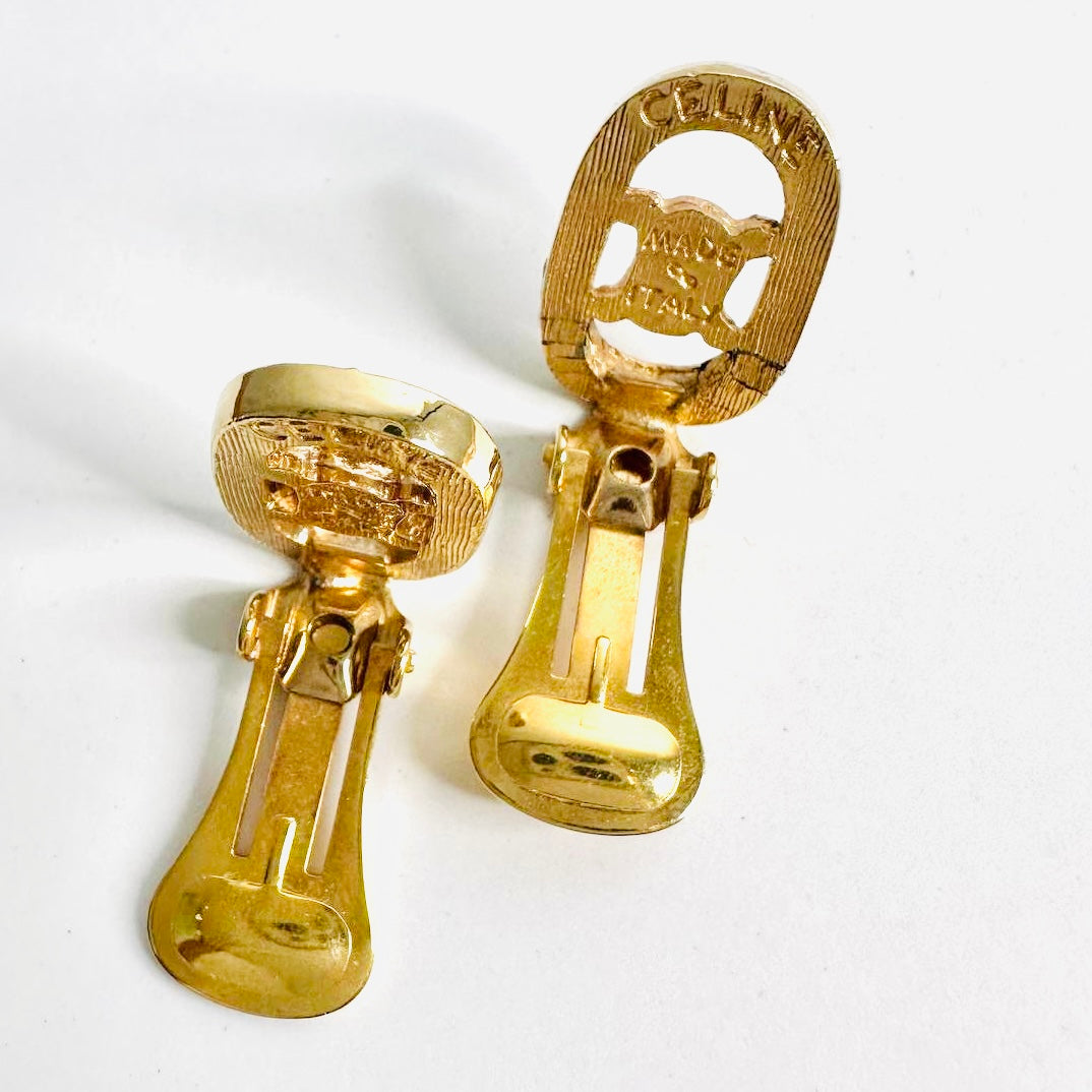 Celine Triomphe Gold Giant Monogram Logo Rhinestone Crystals Vintage Classic Clip On Earrings
