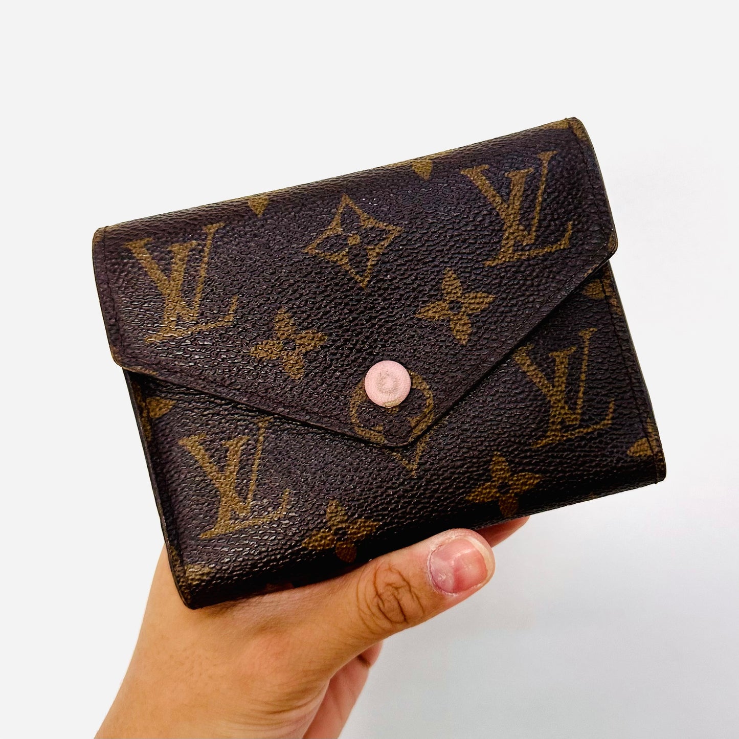 Louis Vuitton LV Victorine Monogram Logo & Rose Ballerine Leather GHW Classic Logo Flap Compact Trifold Wallet