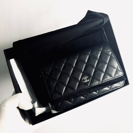 Chanel Black CC Logo Classic WOC Quilted Caviar Leather Wallet On Chain Shoulder Sling Flap Bag 28s