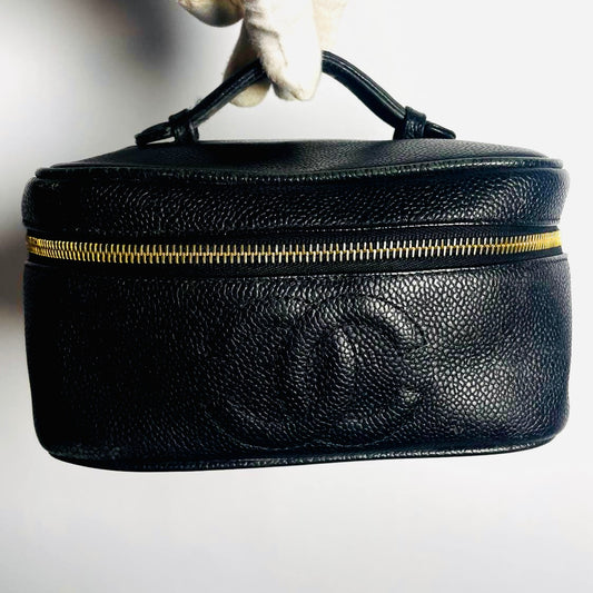Chanel Black GHW Giant CC Logo Caviar Wide Horizontal Vanity Case Vintage Top Handle Bag
