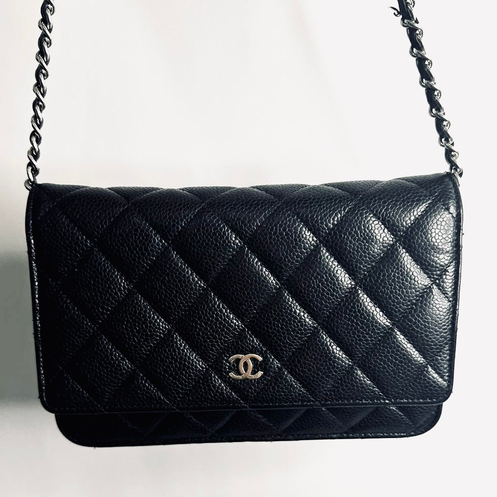 Chanel Black CC Logo Classic WOC Quilted Caviar Leather Wallet On Chain Shoulder Sling Flap Bag 28s