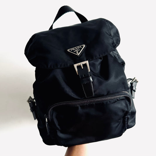 Prada Black Tessuto Classic Monogram Logo Nylon & Leather Backpack Drawstring Bag