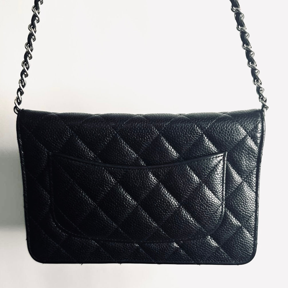 Chanel Black CC Logo Classic WOC Quilted Caviar Leather Wallet On Chain Shoulder Sling Flap Bag 28s