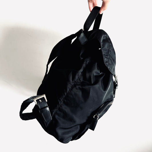 Prada Black Tessuto Classic Monogram Logo Nylon & Leather Backpack Drawstring Bag