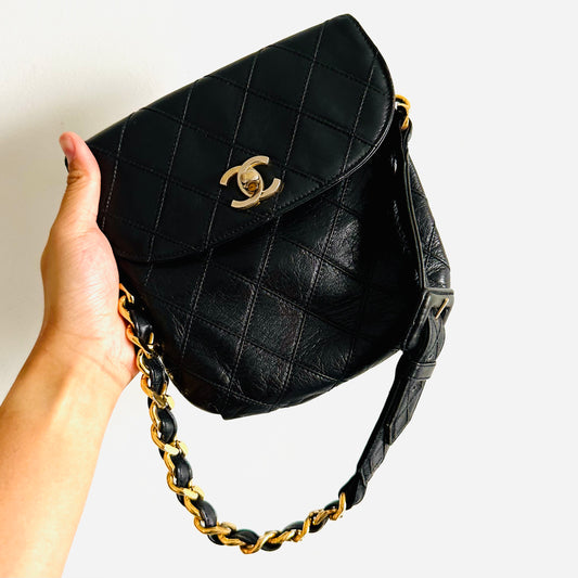 Chanel Black GHW Giant CC Logo Quilted Lambskin Turnlock 2-Way Vintage Belt Waist Shoulder Sling Bag Clutch Pouch