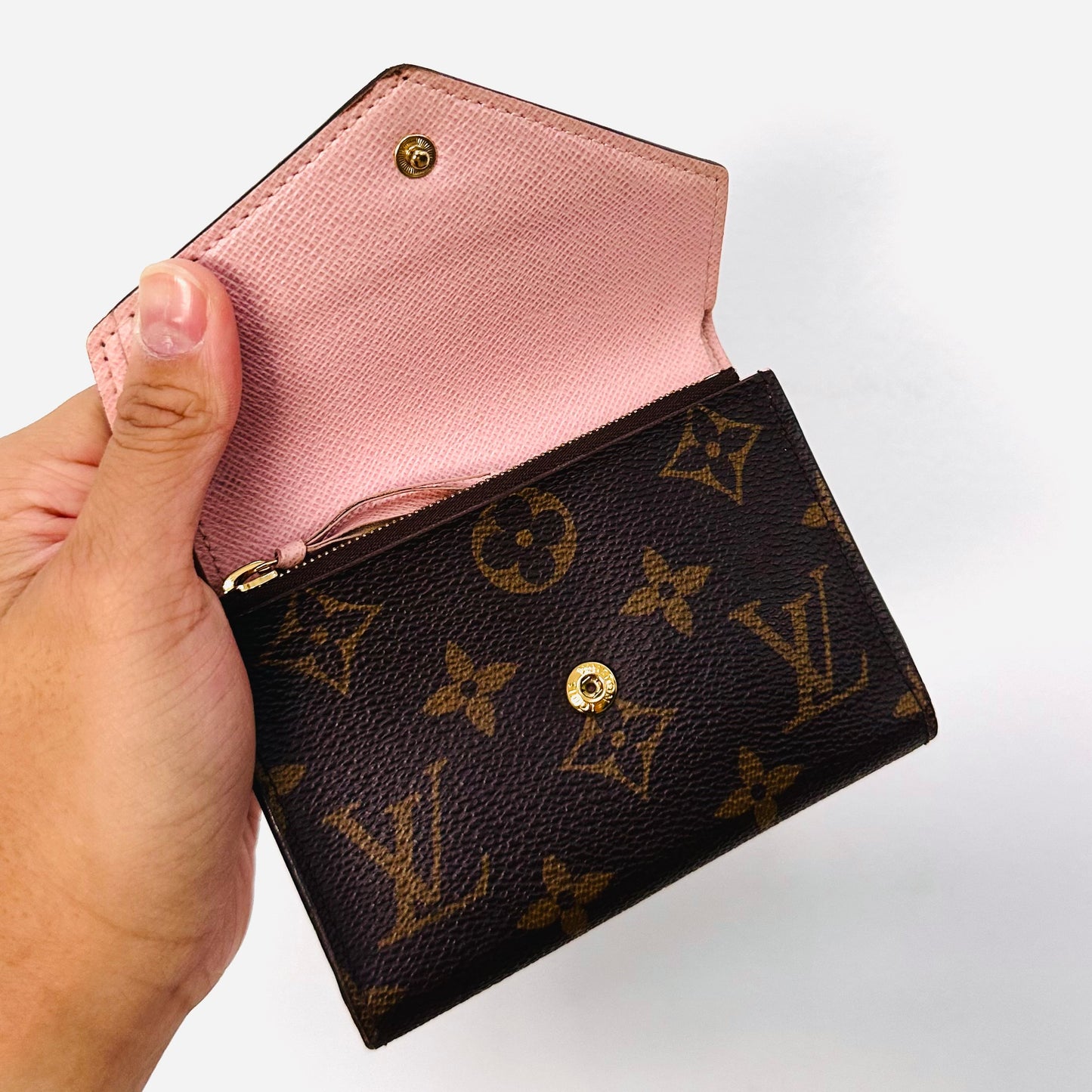 Louis Vuitton LV Victorine Monogram Logo & Rose Ballerine Leather GHW Classic Logo Flap Compact Trifold Wallet