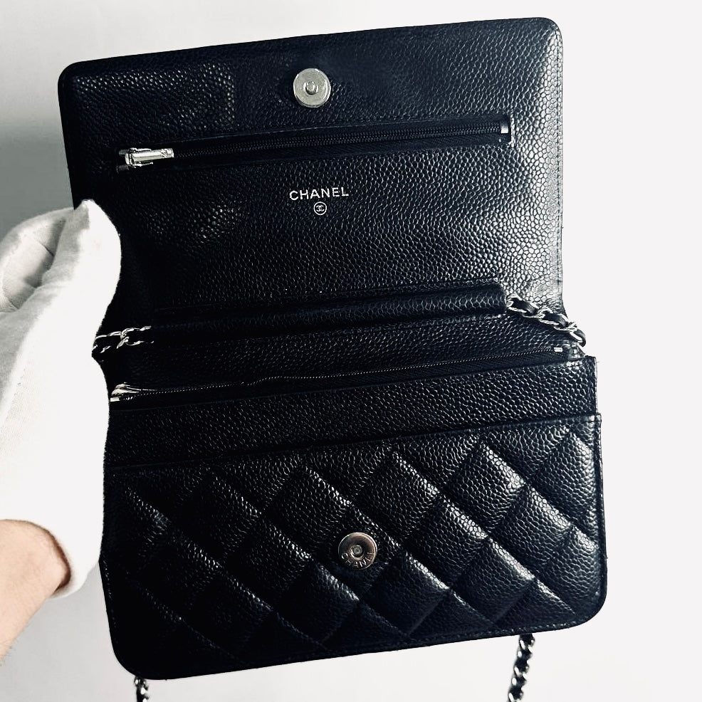 Chanel Black CC Logo Classic WOC Quilted Caviar Leather Wallet On Chain Shoulder Sling Flap Bag 28s