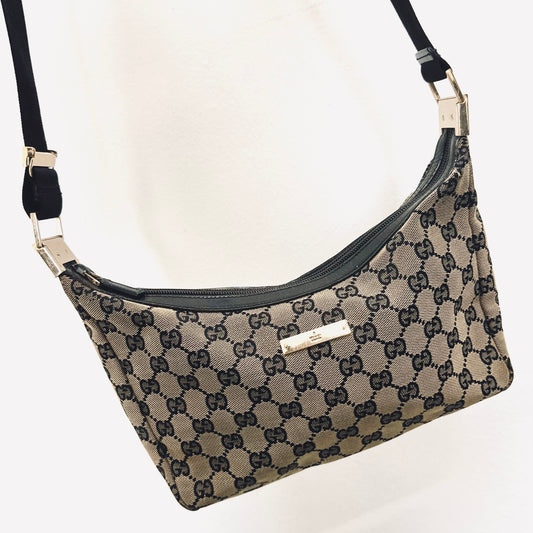 Gucci Black / Ebony GHW Half Moon Crescent GG Monogram Logo Hobo Baguette Shoulder Sling Bag