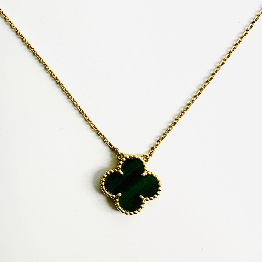 Van Cleef & Arpels VCA Vintage Alhambra Motif MOP Malachite Green 18K Yellow Gold YG Monogram Logo Chain Necklace