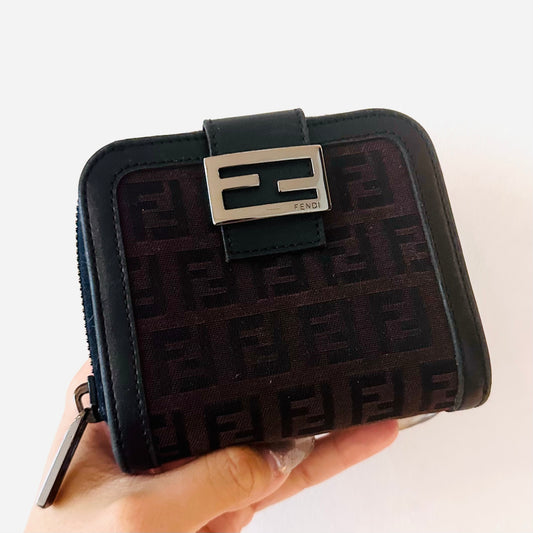 Fendi Black / Brown FF Zucchino Monogram Logo Flap Compact Bifold Wallet
