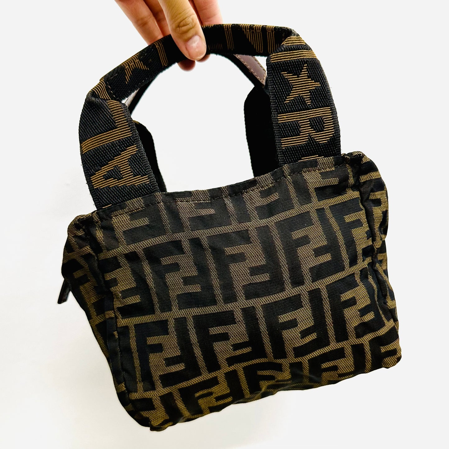 Fendi Brown Zucca FF Monogram Logo Mini Dumpling Bucket Shopper Tote Bag