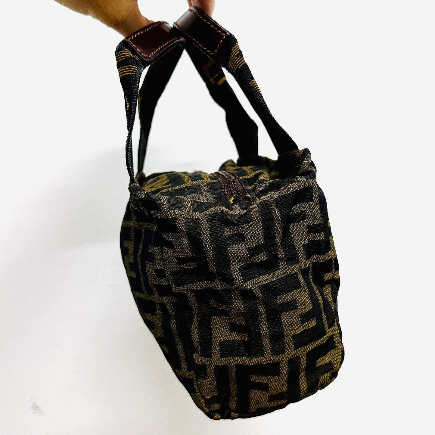 Fendi Brown Zucca FF Monogram Logo Mini Dumpling Bucket Shopper Tote Bag