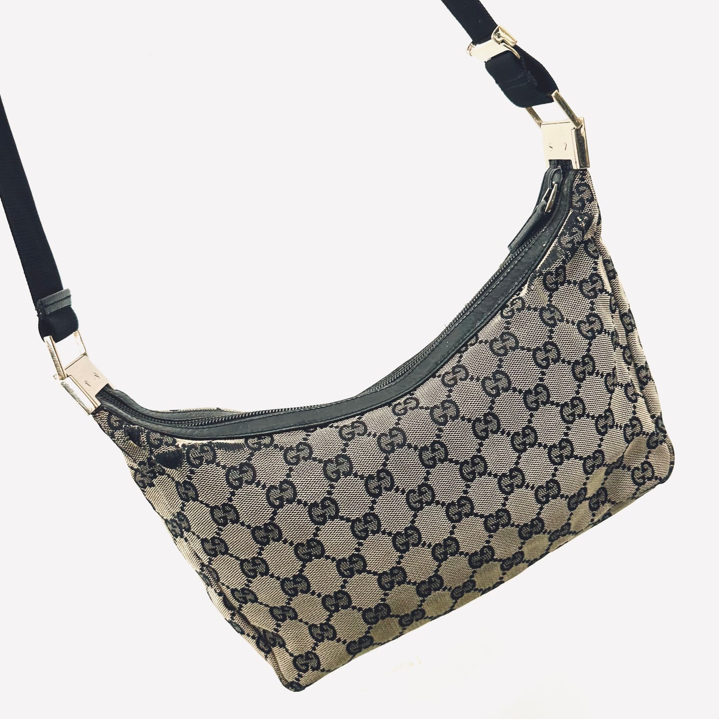 Gucci Black / Ebony GHW Half Moon Crescent GG Monogram Logo Hobo Baguette Shoulder Sling Bag