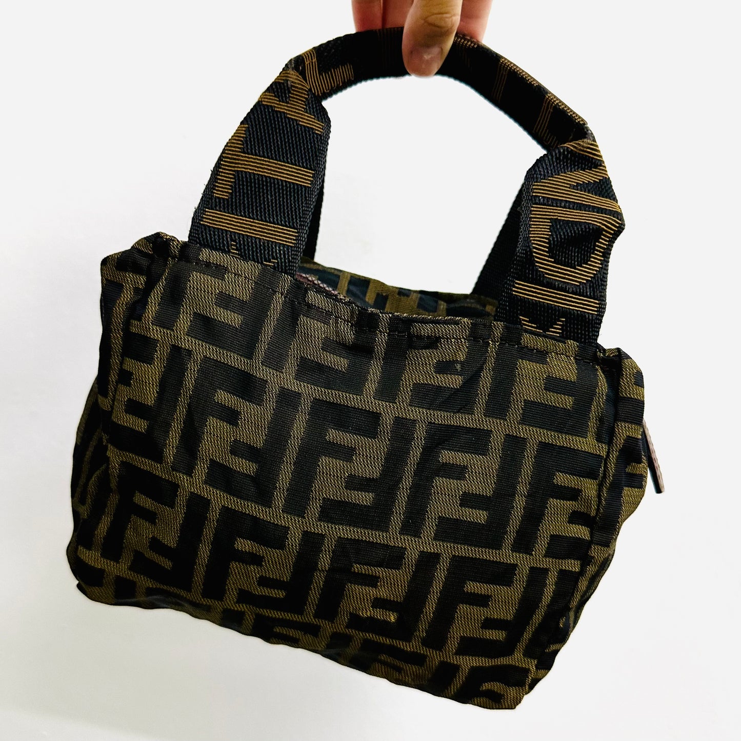 Fendi Brown Zucca FF Monogram Logo Mini Dumpling Bucket Shopper Tote Bag