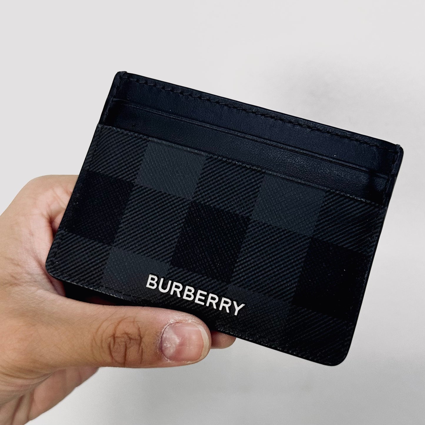 Burberry Sandon Black Charcoal Check Monogram Logo Cardholder Card Case Wallet