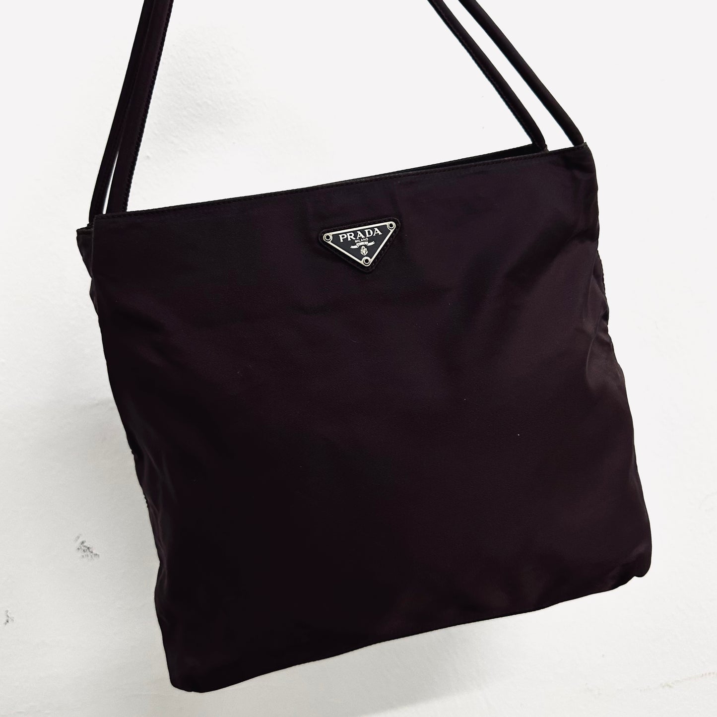 Prada Tessuto Dark Brown Classic Logo Nylon Shopper Shoulder Tote Bag