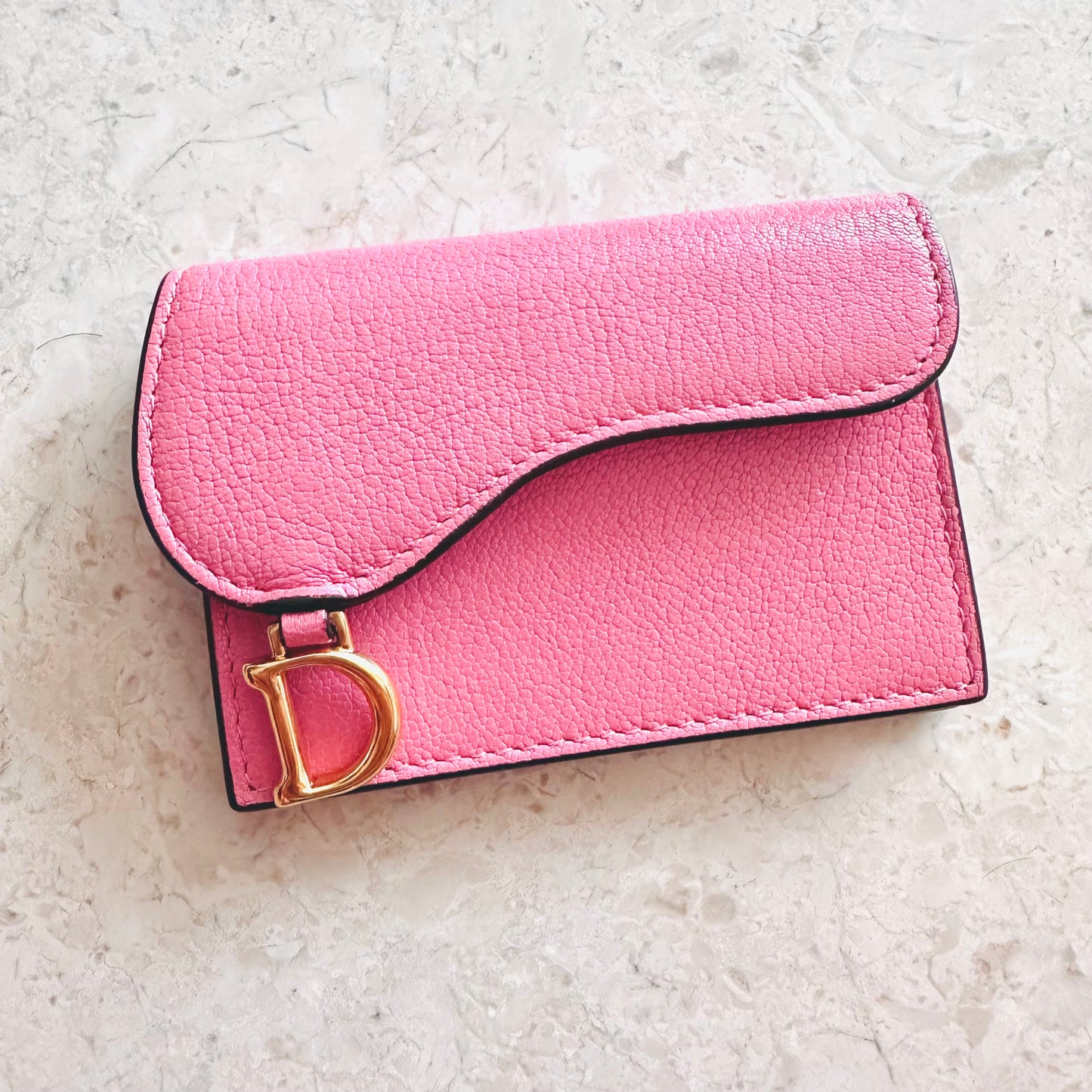Christian Dior CD Pink GHW Saddle Bloom Lotus Leather Monogram Logo Flap Cardholder Compact Wallet