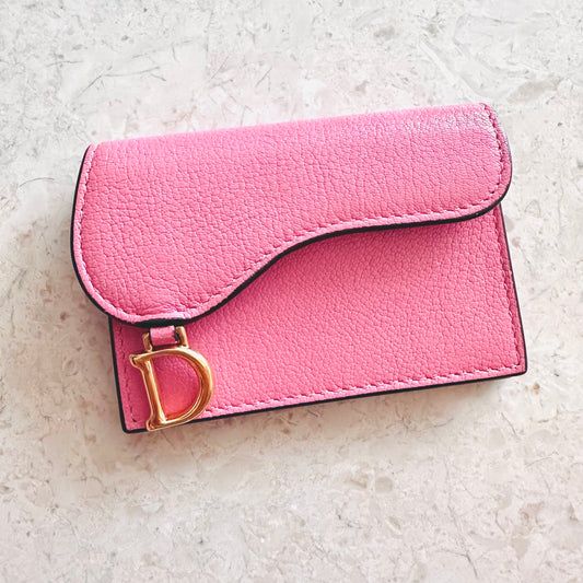 Christian Dior CD Pink GHW Saddle Bloom Lotus Leather Monogram Logo Flap Cardholder Compact Wallet