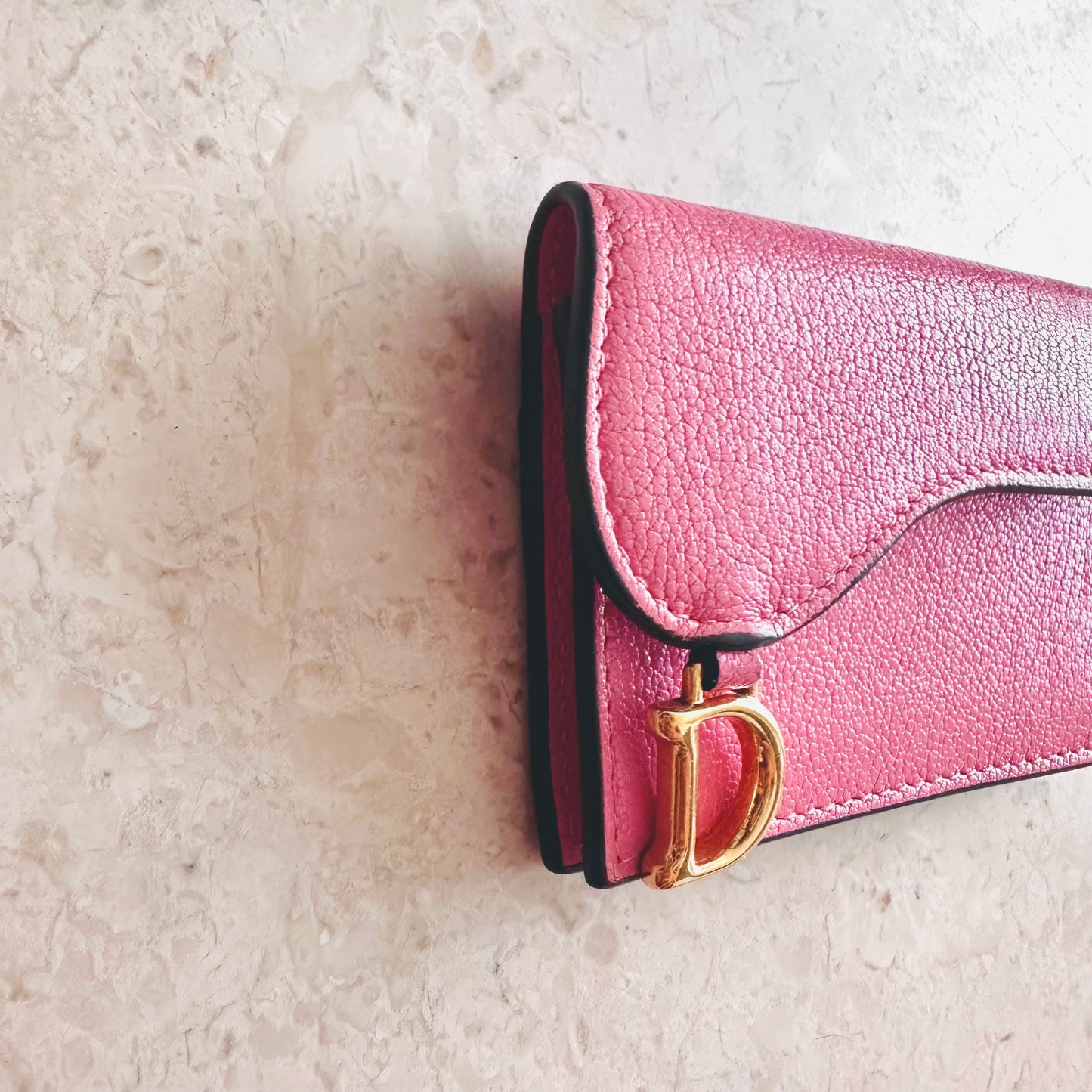 Christian Dior CD Pink GHW Saddle Bloom Lotus Leather Monogram Logo Flap Cardholder Compact Wallet