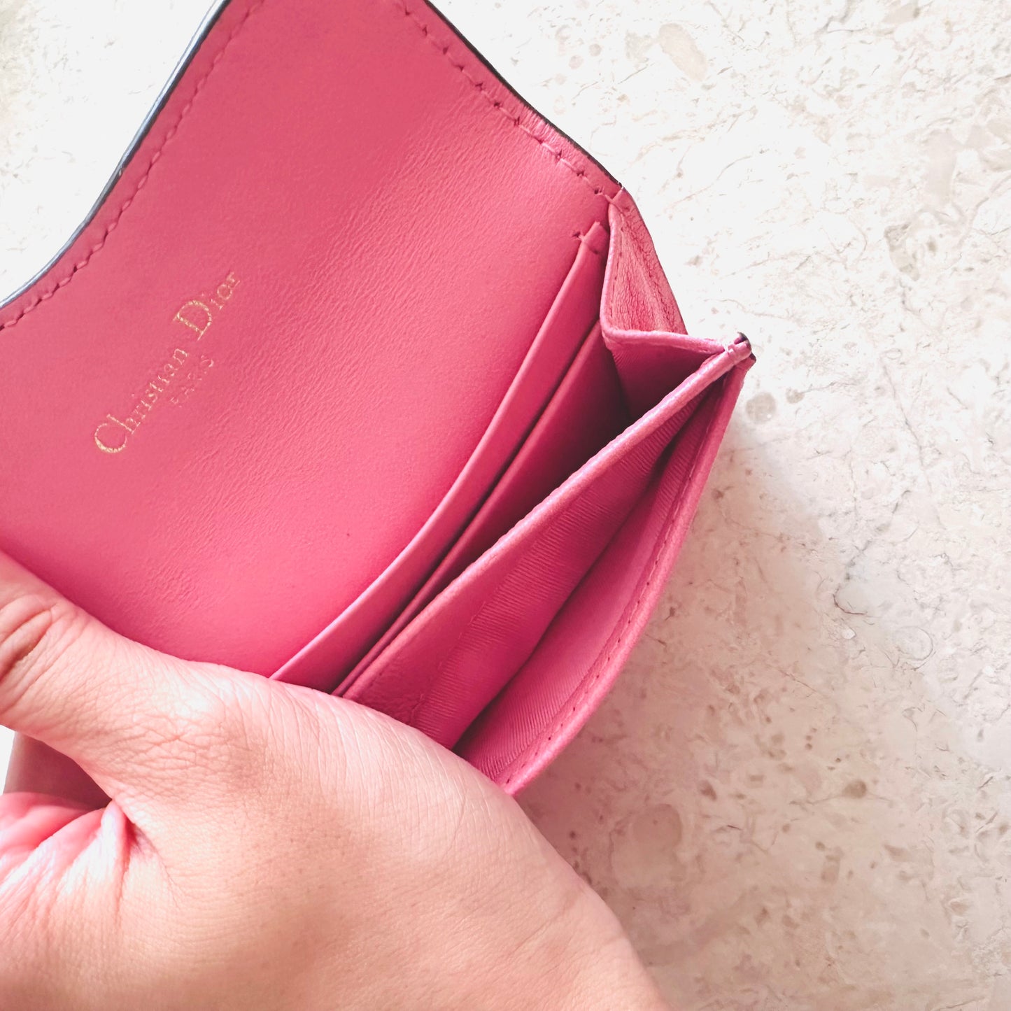 Christian Dior CD Pink GHW Saddle Bloom Lotus Leather Monogram Logo Flap Cardholder Compact Wallet