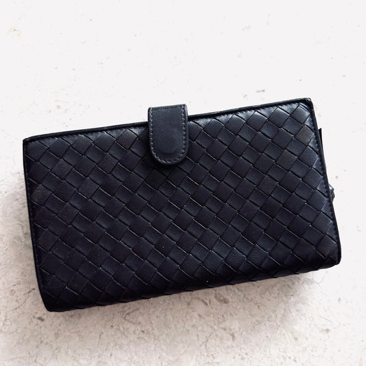 Bottega Veneta BV Dark Brown Continental Intrecciato Nappa Woven Leather Flap Long Wallet