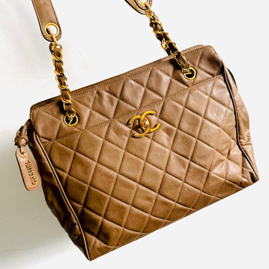 Chanel Taupe Milk Tea GHW Giant CC Logo Vintage Turnlock Quilted Matte Leather Chain Shopper Shoulder Tote Bag 3s