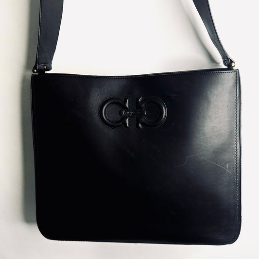 Salvatore Ferragamo Black GHW Gancini Smooth Leather Hobo Baguette Shoulder Bag