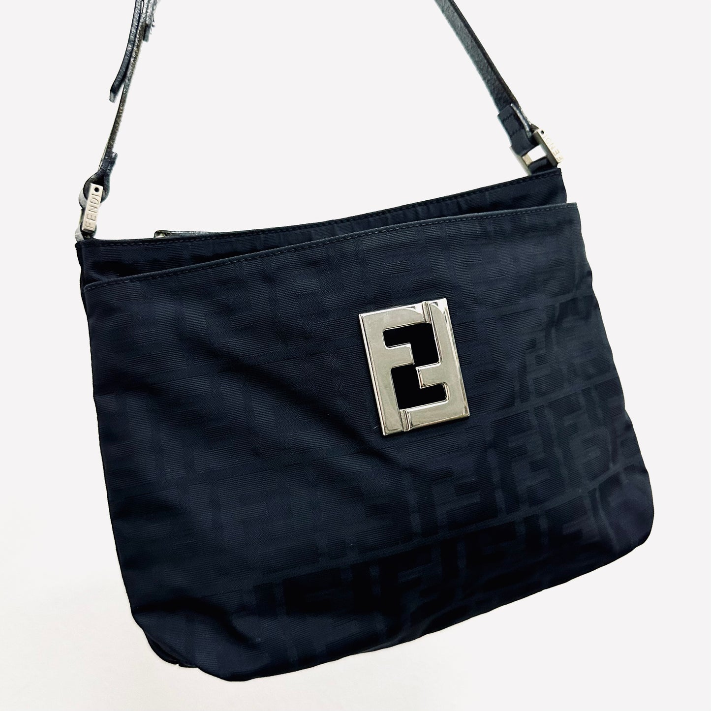 Fendi Black Zucca FF Giant Monogram Logo Hobo Baguette Shoulder Bag