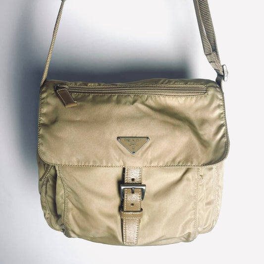 Prada Taupe Beige Tessuto Monogram Logo Nylon & Leather Flap Shoulder Sling Bag