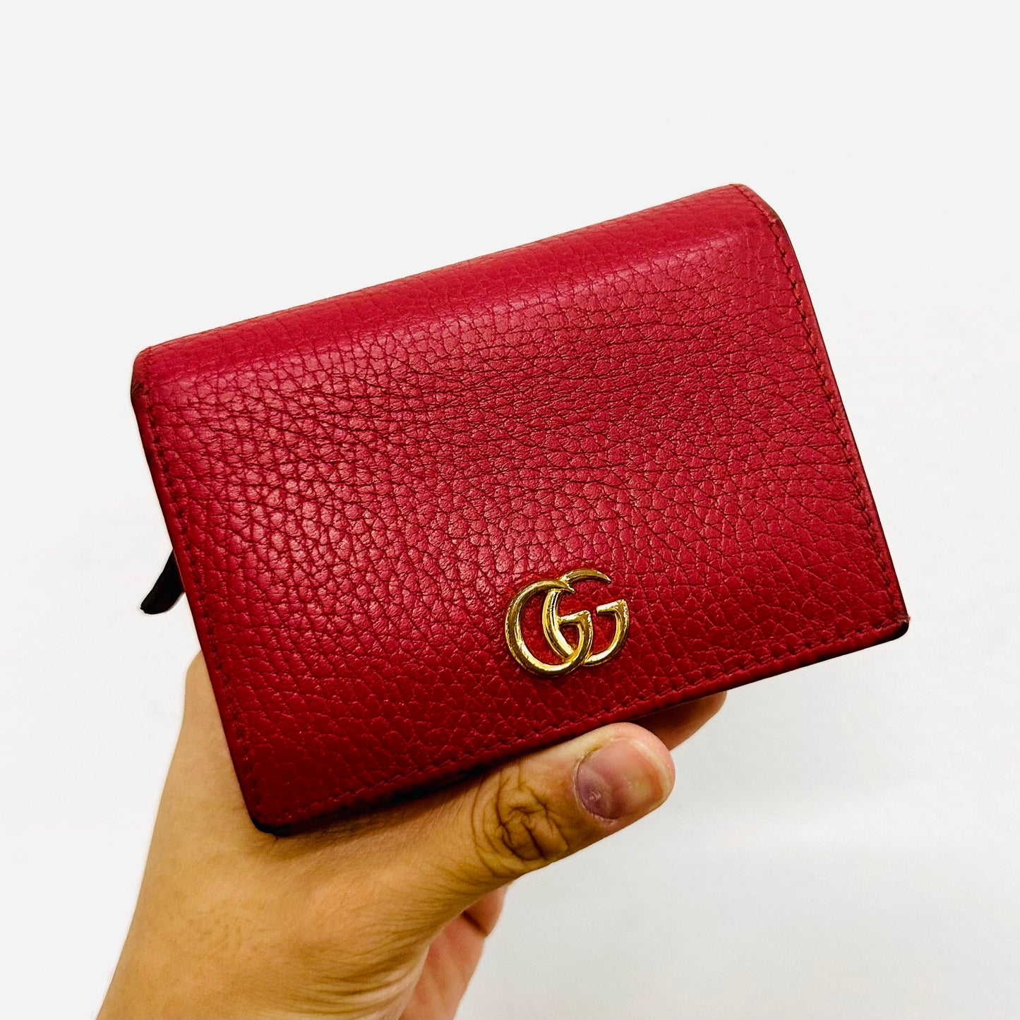 Gucci Red GHW Marmont Double GG Monogram Logo Textured Leather Flap Compact Bifold Wallet