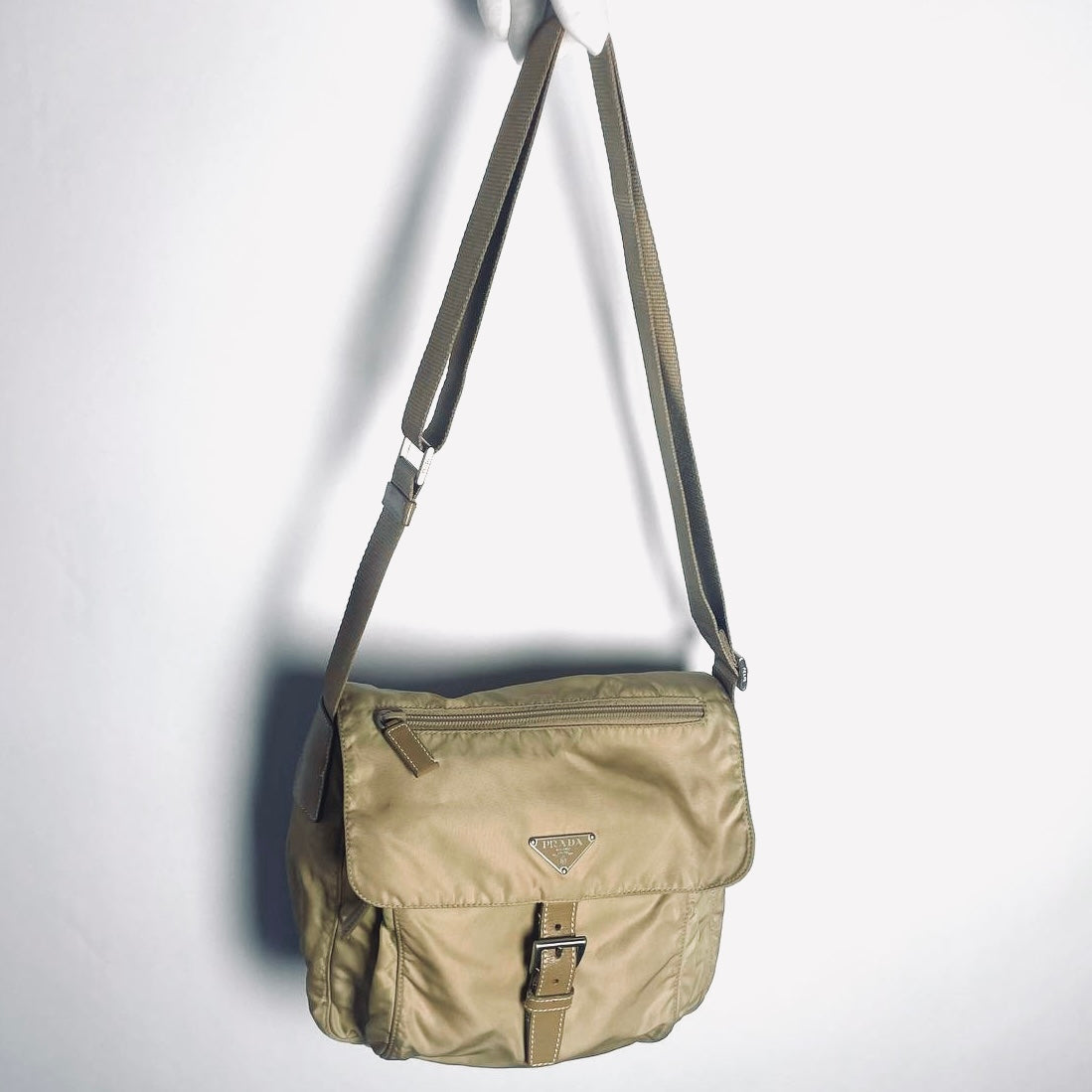 Prada Taupe Beige Tessuto Monogram Logo Nylon & Leather Flap Shoulder Sling Bag