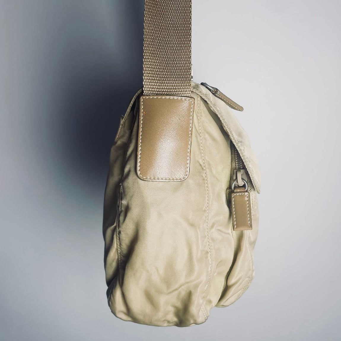 Prada Taupe Beige Tessuto Monogram Logo Nylon & Leather Flap Shoulder Sling Bag