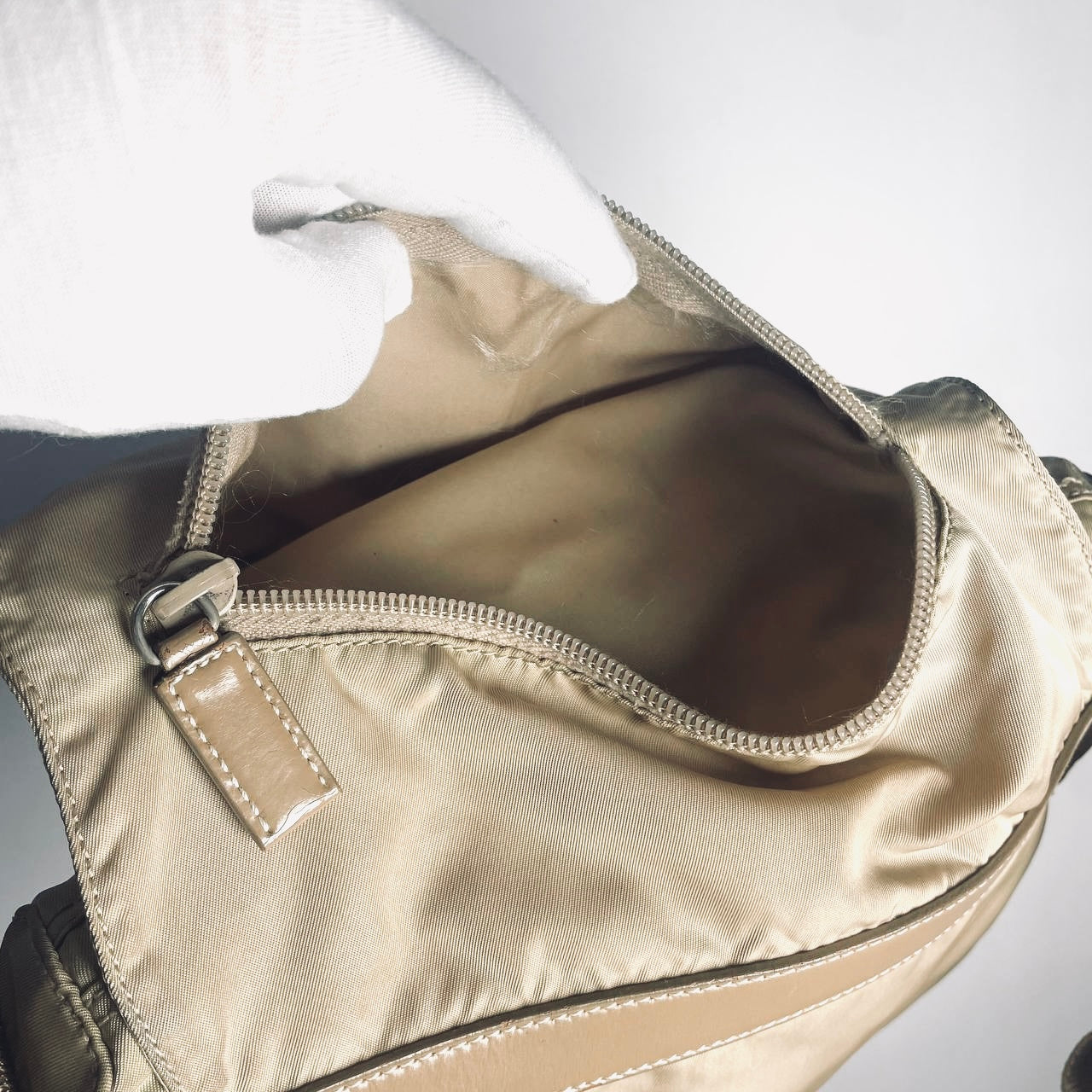 Prada Taupe Beige Tessuto Monogram Logo Nylon & Leather Flap Shoulder Sling Bag