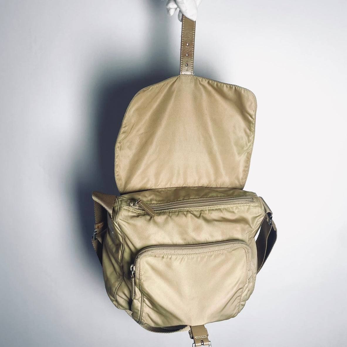 Prada Taupe Beige Tessuto Monogram Logo Nylon & Leather Flap Shoulder Sling Bag