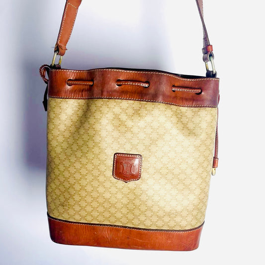 Celine Beige GHW Triomphe Macadam Monogram Logo Vintage Bucket Drawstring Shoulder Sling Bag With Pouch