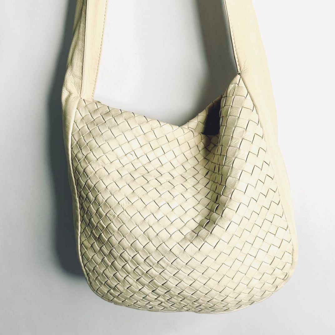 Bottega Veneta BV Beige Intrecciato White Nappa Woven Leather Hobo Baguette Shoulder Bag