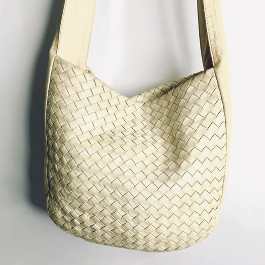 Bottega Veneta BV Beige Intrecciato White Nappa Woven Leather Hobo Baguette Shoulder Bag