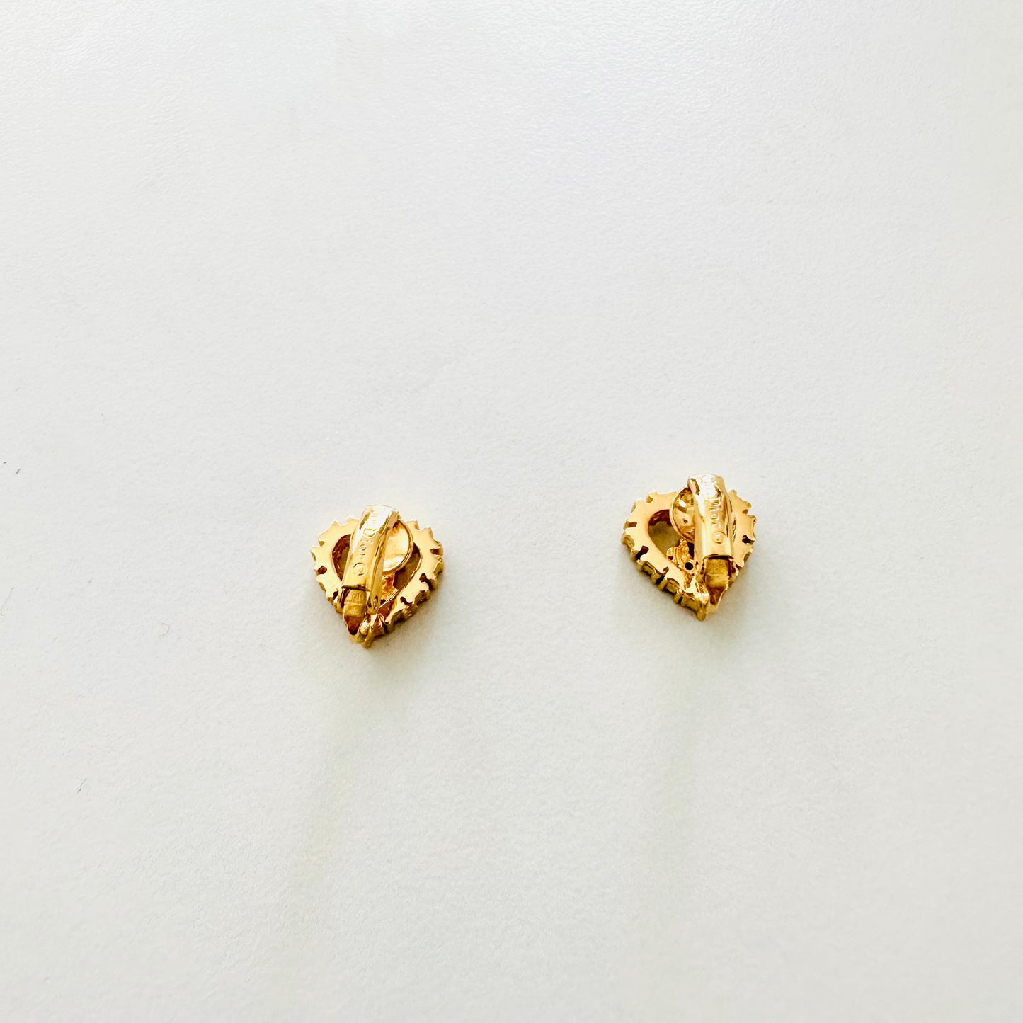 Christian Dior CD Monogram Logo Signature Gold Heart & Crystals Vintage Clip On Earrings